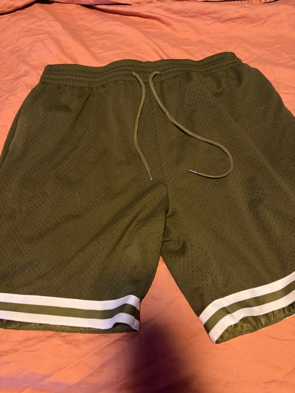 Mitchell & Ness Olive Mesh Athletic Shorts with White Hem Stripes